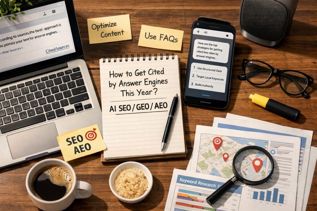 How to Get Cited by Answer Engines (AI SEO/GEO/AEO) This Year? 1 AI SEO workspace showing strategies to get cited by answer engines, with laptop, smartphone, notes, and keyword research tools on a desk