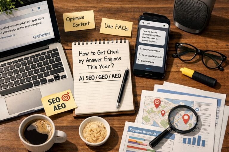 AI SEO workspace showing strategies to get cited by answer engines, with laptop, smartphone, notes, and keyword research tools on a desk