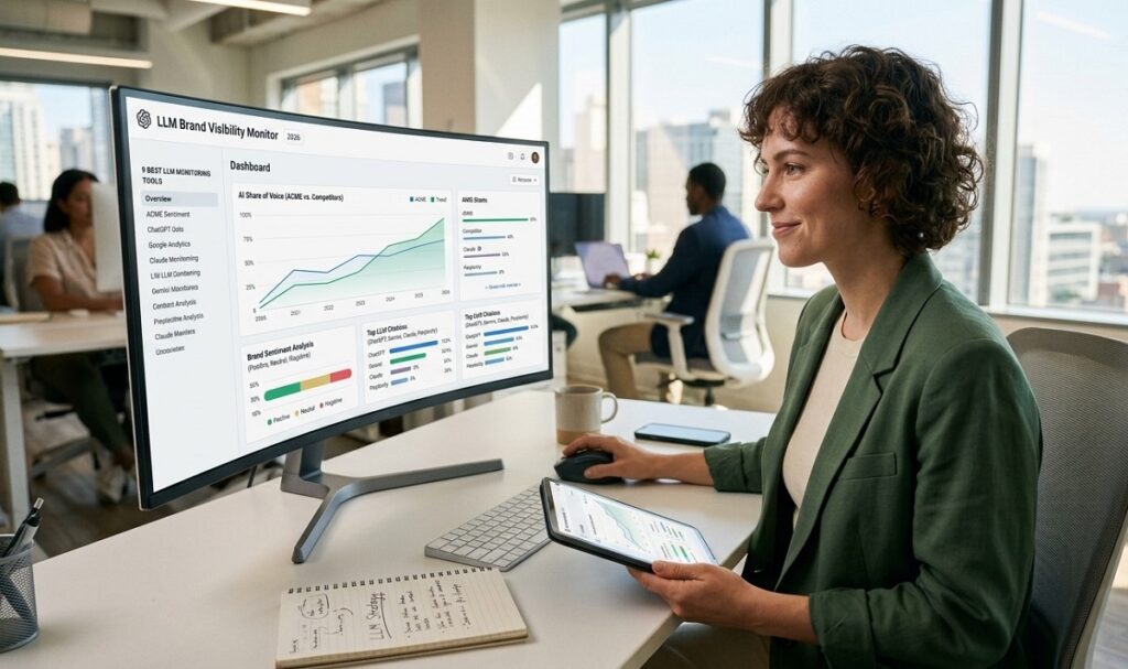 A marketing professional in a modern office analyzing an LLM brand visibility dashboard on a computer monitor, tracking AI share of voice and sentiment metrics.