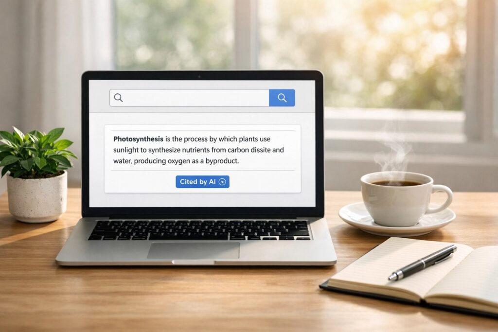 Modern home office desk with a laptop showing a Cited by AI search result on the screen