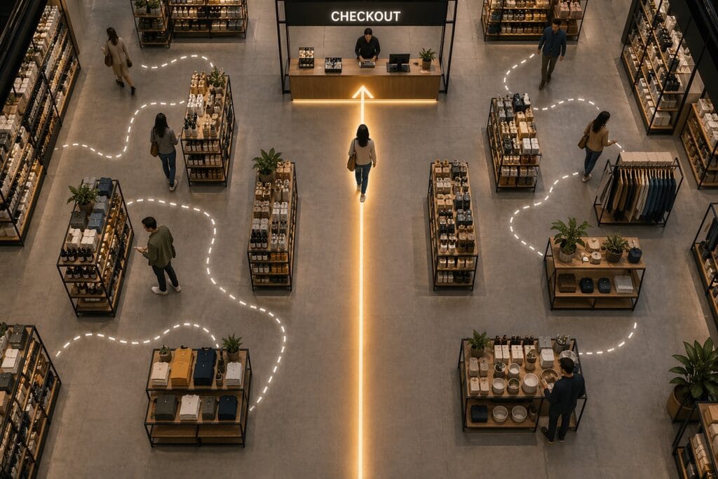 Retail store with glowing checkout path