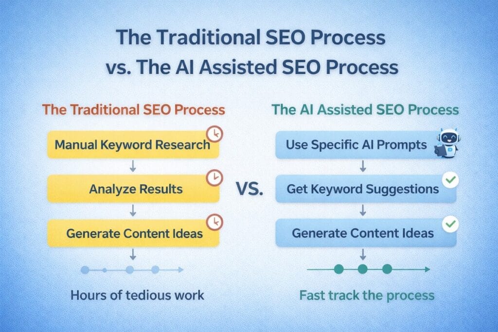 7 Practical Ways to Use AI in SEO in 2026 (Even If You're Not Techy) 2 Traditional vs AI-assisted SEO process