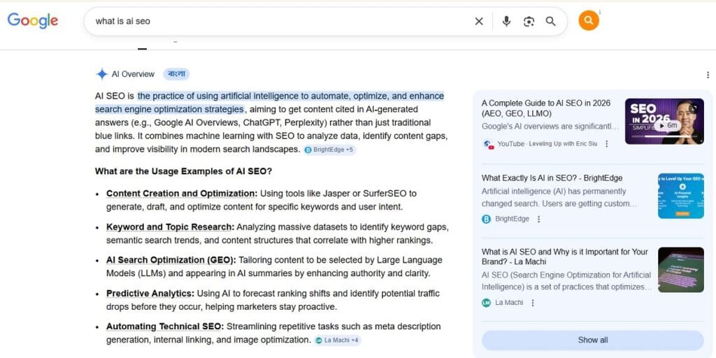 7 Practical Ways to Use AI in SEO in 2026 (Even If You're Not Techy) 1 What is AI SEO? answer in google ai overviews