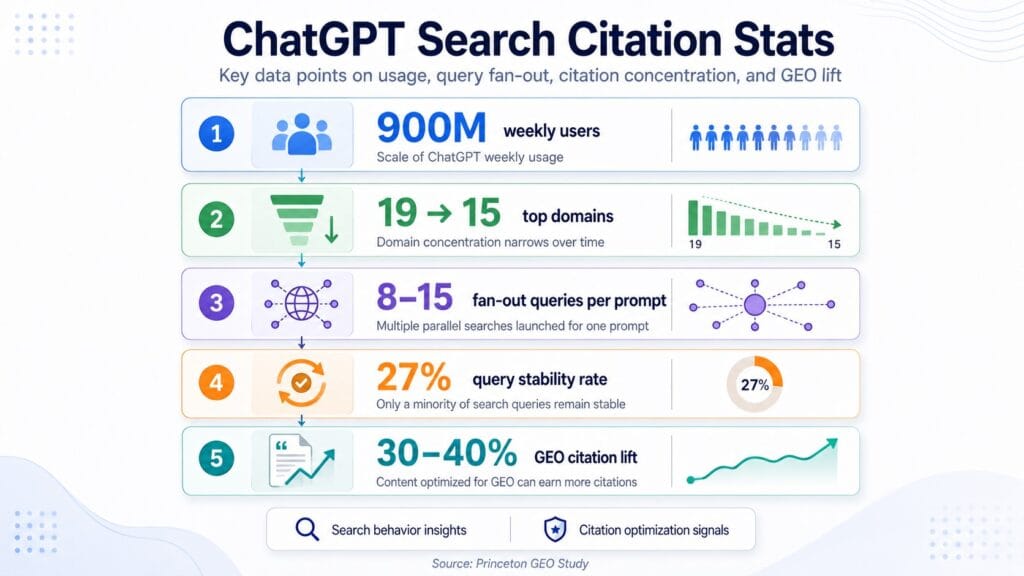 How ChatGPT Search Really Works: web.run, Fan-Out Queries, and What Controls Your AI Visibility 2 Data visualization of key ChatGPT Search citation statistics including domain concentration trends, fan-out query volume, and content citation lift from the Princeton GEO study