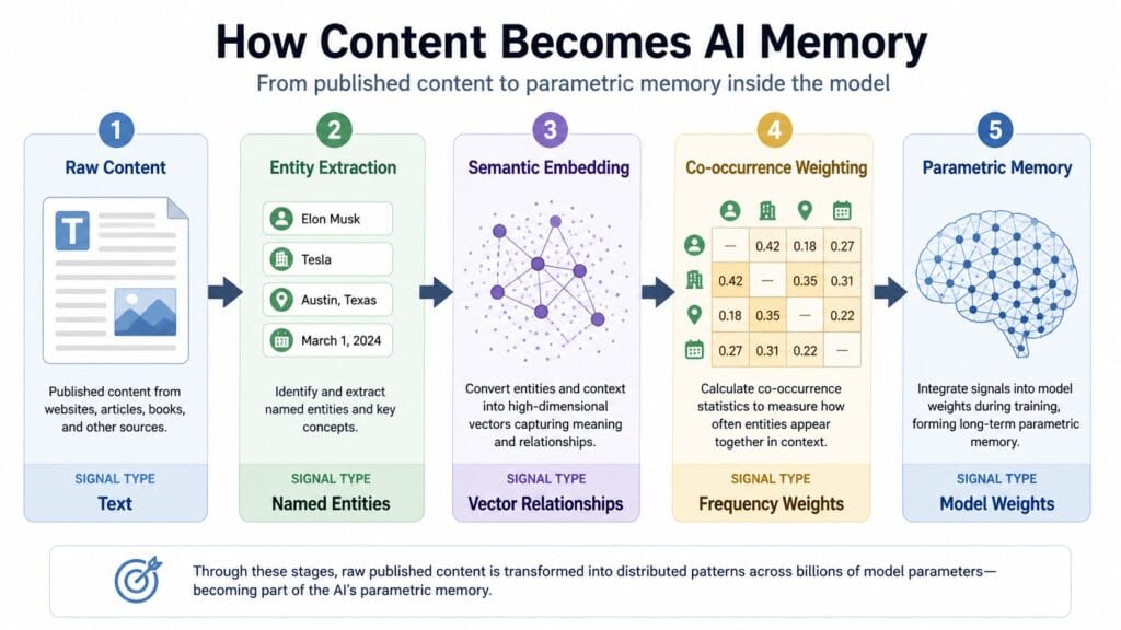 Five-stage process diagram showing how published content is transformed into AI parametric memory through entity extraction, semantic embedding, and co-occurrence weighting