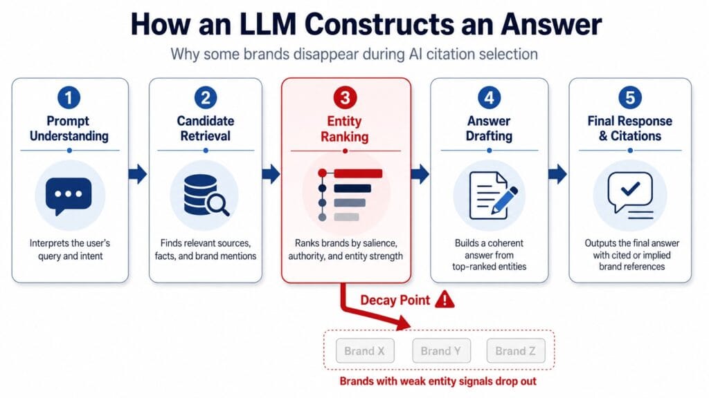 Flowchart showing the 5-stage process of how an LLM like ChatGPT selects which brands to cite in its answers, with the AI citation decay dropout point highlighted at the entity ranking stage