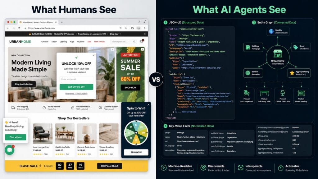 Your Website Is Optimized for Humans. AI Agents Don't Care 4 Split diagram comparing how humans see a website (visual UI with popups and images) versus how AI search agents see it (raw JSON-LD structured data and schema markup), illustrating the concept of Agentic SEO optimization