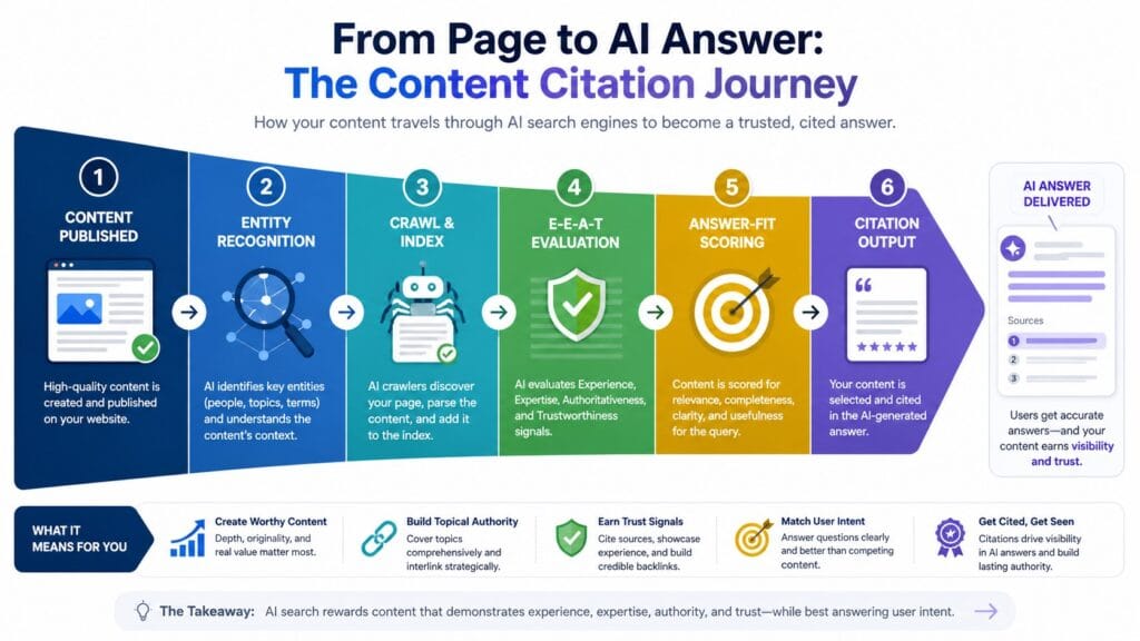 Diagram showing how published web content moves through AI search engine evaluation stages to become a cited answer