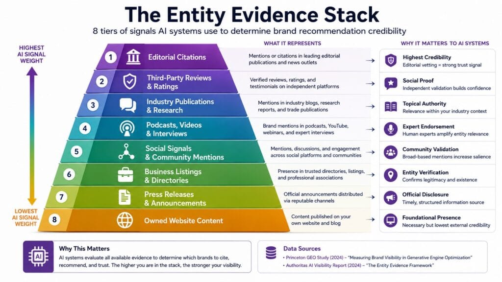 Entity evidence stack pyramid showing 8 tiers of signals AI systems use to determine brand recommendation credibility, from editorial citations at the top to owned website content at the base