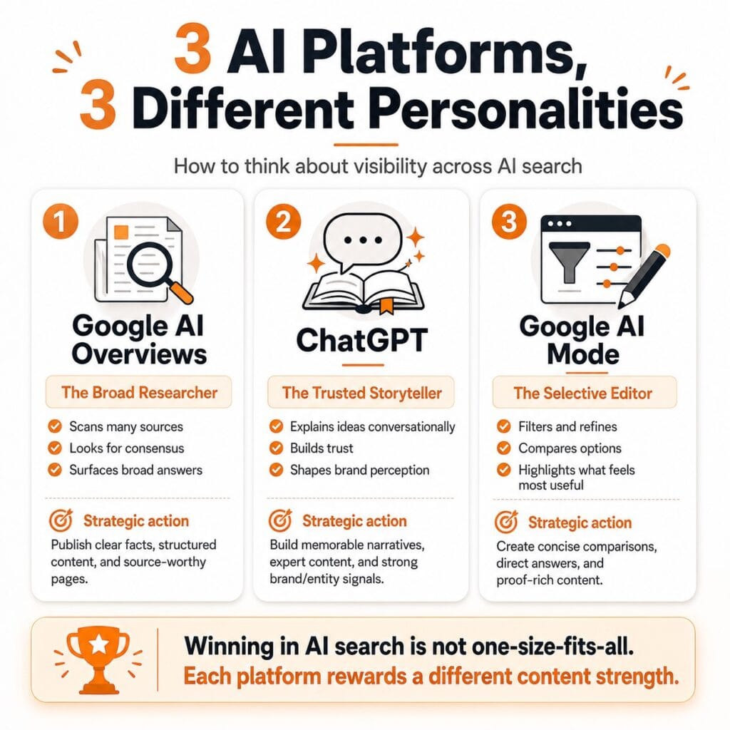 Diagram showing three AI platform personalities and their strategic action: AI Overviews as the broad researcher, ChatGPT as the trusted storyteller, Google AI Mode as the selective editor