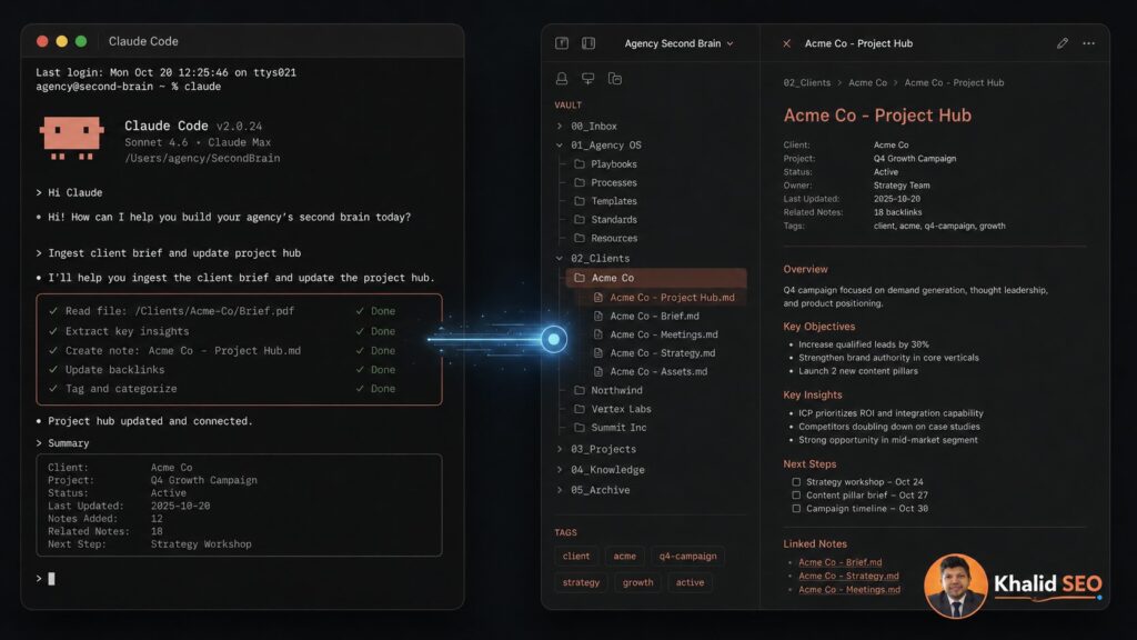 Build a Claude Code Second Brain That Remembers Every Client 3 A clean overhead split-screen with a Claude Code terminal session on the left and a markdown vault tree of client folders on the right, joined by a soft glowing connector line. Deep charcoal base, warm terracotta accent, single cool-blue connector. — Claude Code terminal session linked to a markdown client vault, illustrating an agency second brain knowledge system