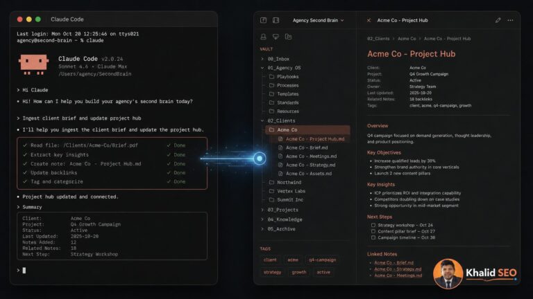 A clean overhead split-screen with a Claude Code terminal session on the left and a markdown vault tree of client folders on the right, joined by a soft glowing connector line. Deep charcoal base, warm terracotta accent, single cool-blue connector. — Claude Code terminal session linked to a markdown client vault, illustrating an agency second brain knowledge system