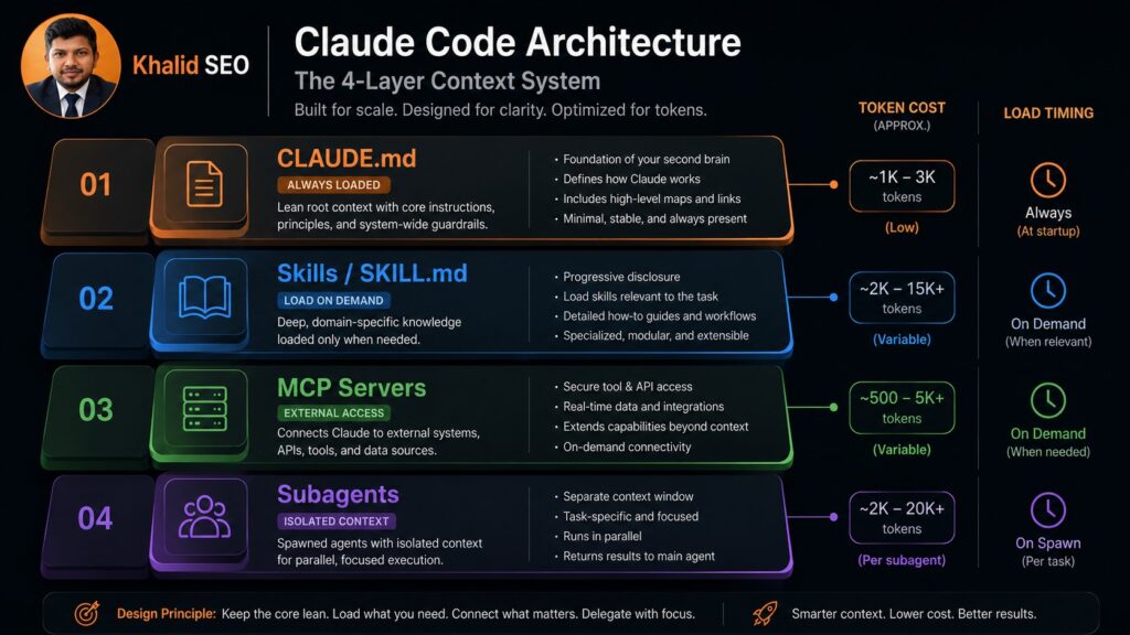 Build a Claude Code Second Brain That Remembers Every Client 1 A layered stack diagram, top to bottom: CLAUDE.md (always loaded, lean root context), Skills/SKILL.md (load on demand, progressive disclosure), MCP servers (external system access), Subagents (isolated context). Each layer annotated with its token cost and load timing. โ Diagram of the four-layer Claude Code architecture showing CLAUDE.md, Skills, MCP servers, and subagents with token costs