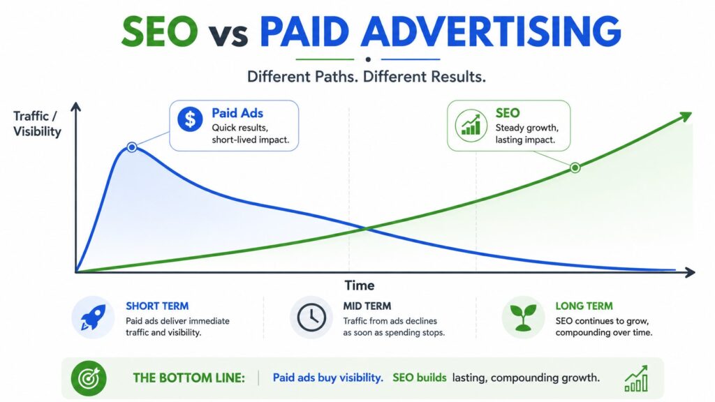 SEO vs paid advertising comparison infographic