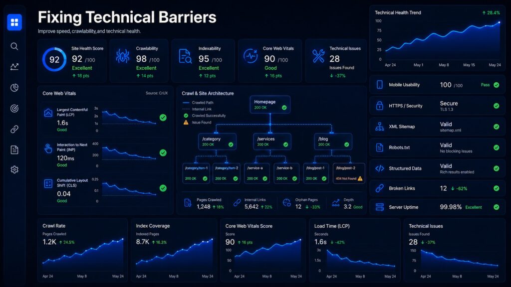 Technical audit dashboard interface in dark mode