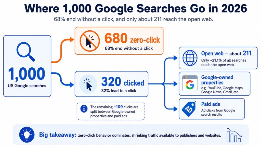 Less Than One Third of Google Searches Still Send a Click: The 2026 Zero-Click Reality 2 VISUAL: Infographic #1 โ Flow diagram starting at "1,000 US Google searches" branching into 680 zero-click and 320 clicked, with the clicked path splitting into open web, Google-owned properties, and paid ads โ Flowchart showing that of 1,000 Google searches in 2026, 680 end without a click and only about 211 reach the open web